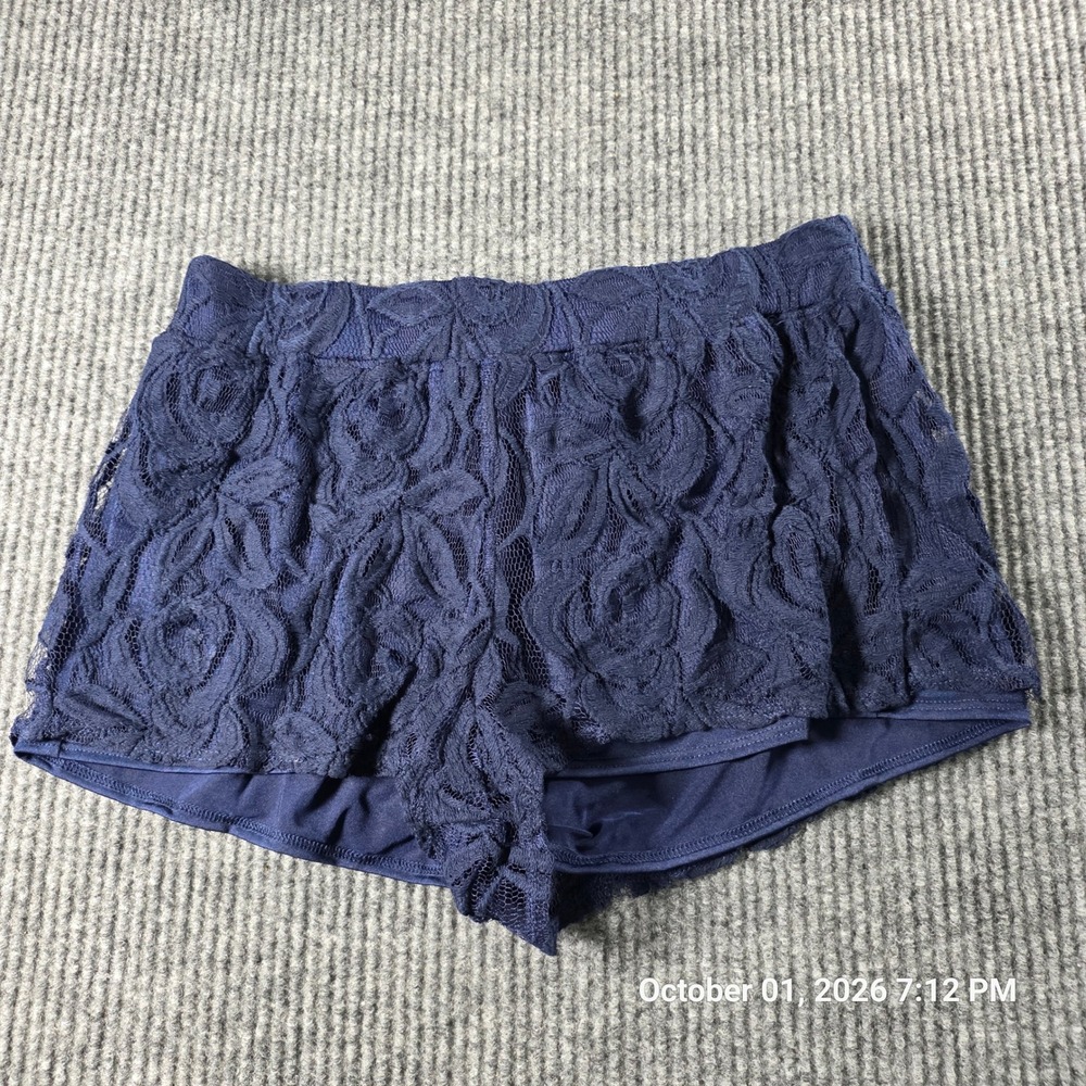 Free People Navy Blue Floral Lace Shorts Elastic Waist Boho XS Made in USA